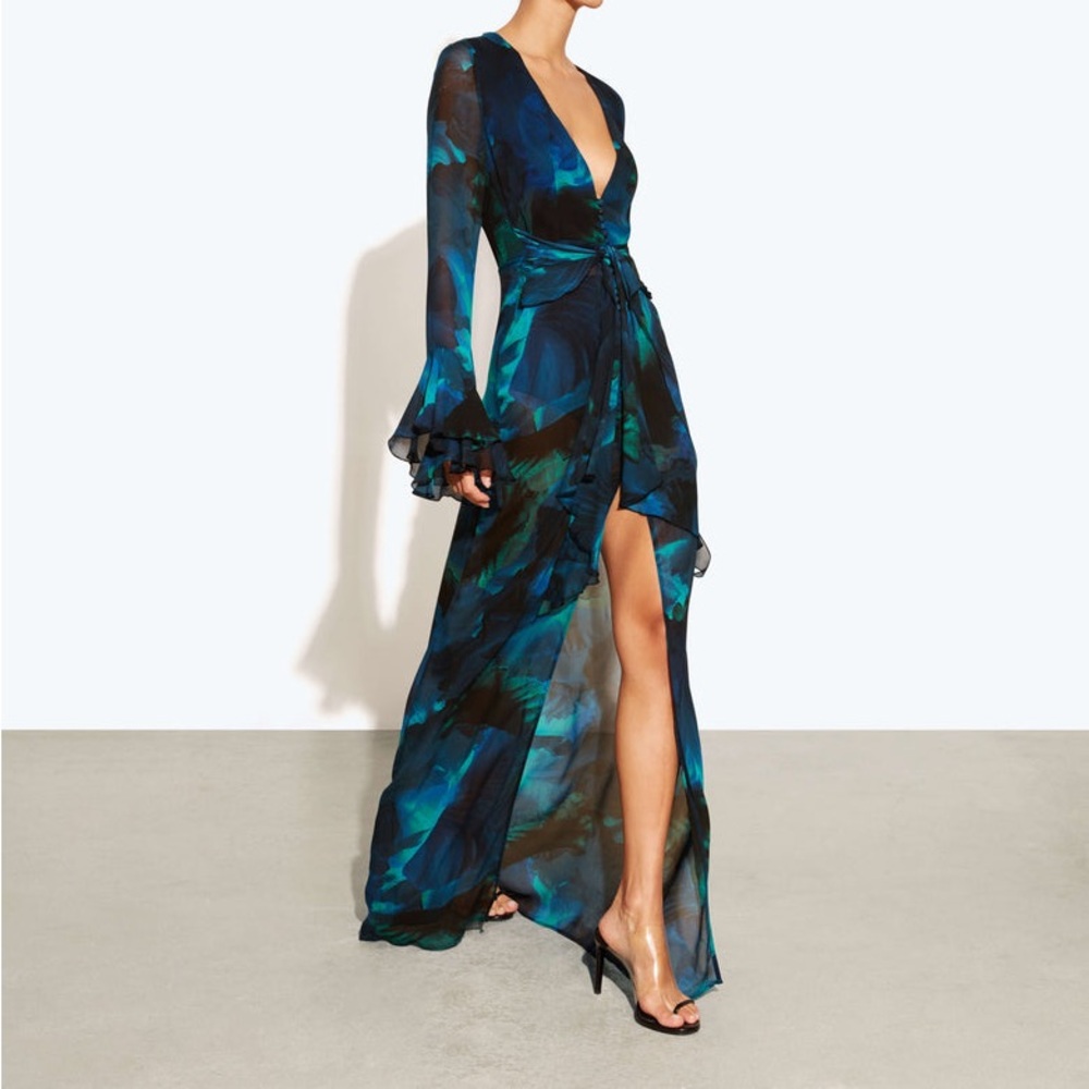 Rat & Boa Teal and Navy Blue Long Sleeve Plunge Maxi Dress